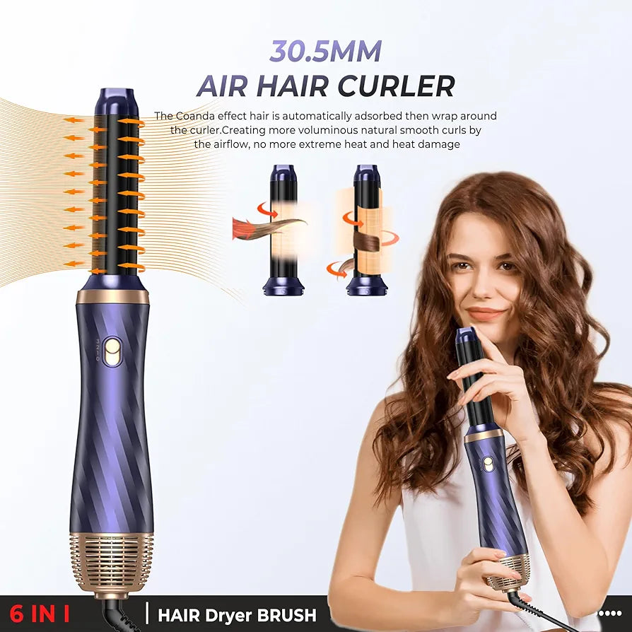 6 в 1 Комплект четки с горещ въздух Airstyler, 1000 W Hairstyler сешоар за къдрене със сешоар, четка за сешоар, четка с топъл въздух, кръгла четка, автоматична маша, четка за изправяне, термо сешоар