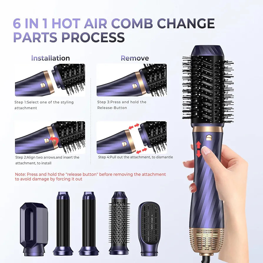 6 в 1 Комплект четки с горещ въздух Airstyler, 1000 W Hairstyler сешоар за къдрене със сешоар, четка за сешоар, четка с топъл въздух, кръгла четка, автоматична маша, четка за изправяне, термо сешоар